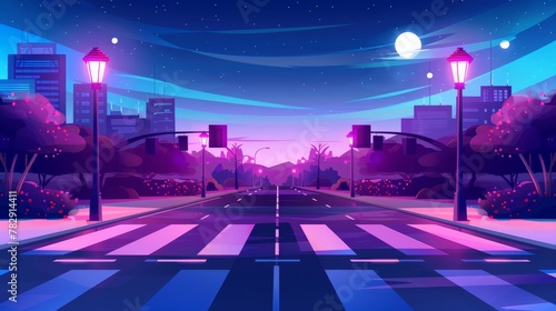 An empty crossroad with zebra crossing in the night. Micropolis with modern buildings. Modern illustration of urban architecture, infrastructure, and megapolis.