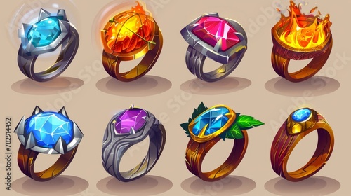 Game icons of wooden, silver, ice, and gold rings with oak leaf isolated on background with fiery eye for witches and wizards.