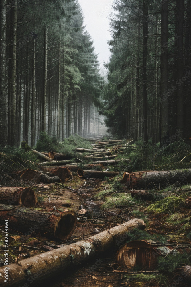A forest with trees chopped down due to illegal logging activity A forest with trees chopped down due to illegal logging activity
