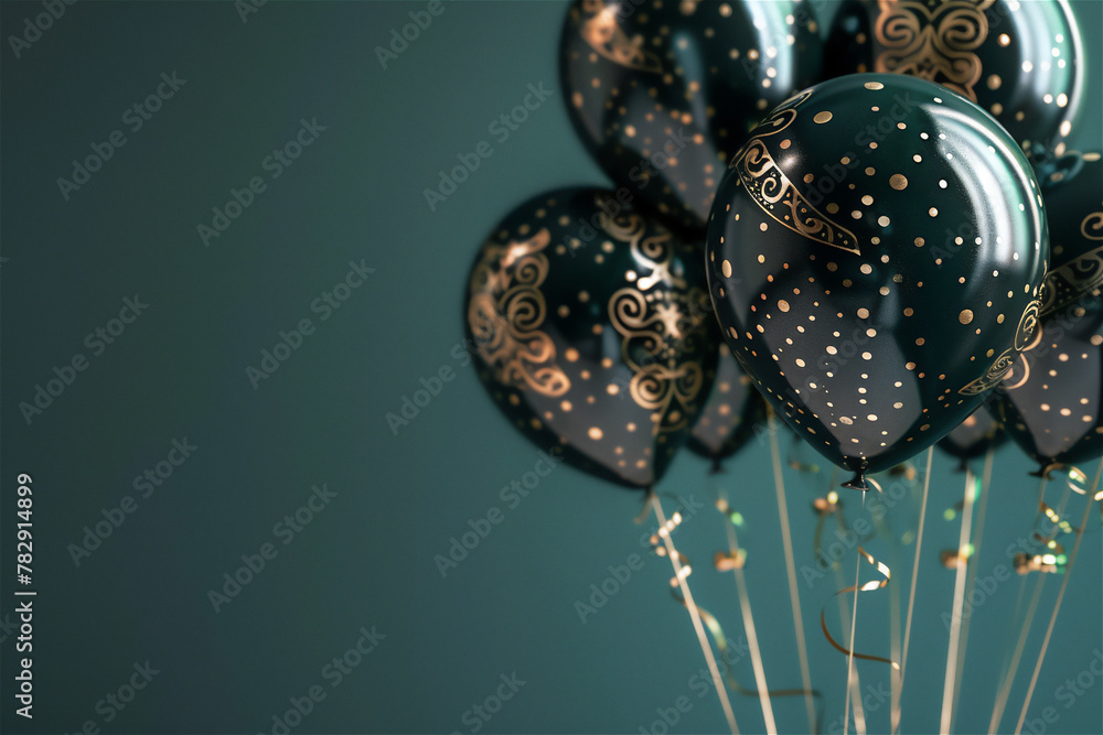 Gold and green balloons bunch on a green wall background. Horizontal ...