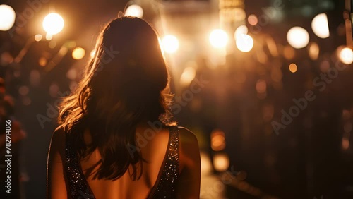 A famous actress her back to the camera walks confidently towards a line of paparazzi her entourage close at her heels as she makes . .