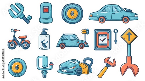 Pipette, accumulator, hand with wrench and wheels. Auto on elevator, warning sign, fuel station, lubricator with oil and gears. Speedometer, steering wheel, key.