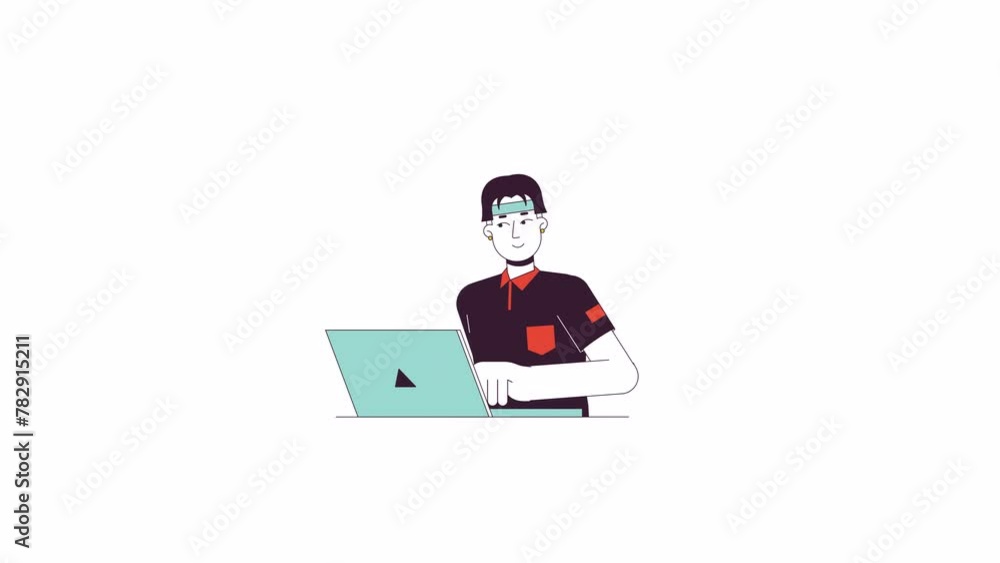 Asian student typing on laptop line 2D character animation. E learning flat color cartoon 4K video, alpha channel. Pleased smiling hipster guy working on notebook animated person on white background Asian student typing on laptop line 2D character animation. E learning flat color cartoon 4K video, alpha channel. Pleased smiling hipster guy working on notebook animated person on white background