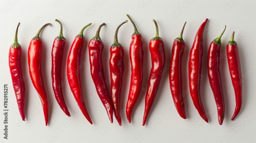 Red chilies on a white background in a row Red chilies on a white background in a row