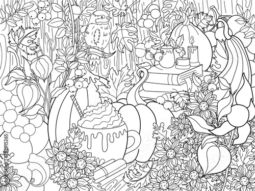  Pumpkins, sunflowers and a bird.Harvest.Coloring book antistress for children and adults. Illustration isolated on white background.Zen-tangle style. 