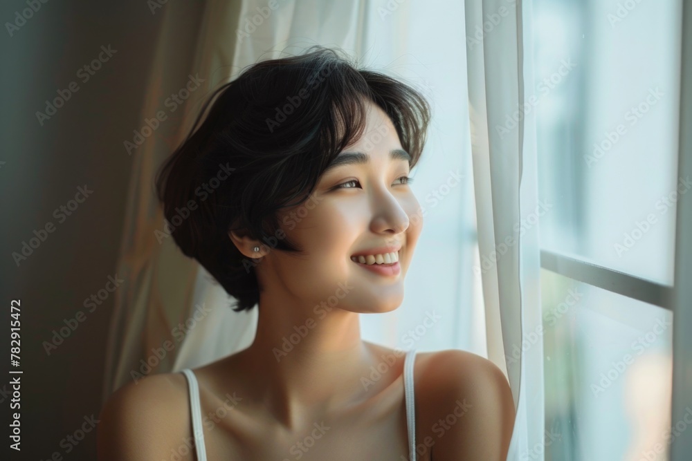 Beautiful smiling Asian woman with short hair looking at the window at natural daylight. Beautiful smiling Asian woman with short hair looking at the window at natural daylight.