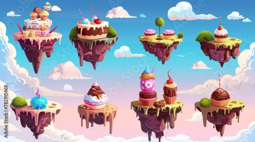 Games platforms, floating islands with desserts, modern cartoon set of candy and chocolate islands. photo