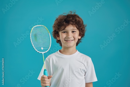 young boy player holding badminton racket on blue background, smiling and ready to play game. Fictional Character Created by Generative AI.
