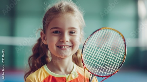 Young blonde girl with a tennis racket, happily smiling and posing for the camera. Fictional Character Created by Generative AI. © shelbys