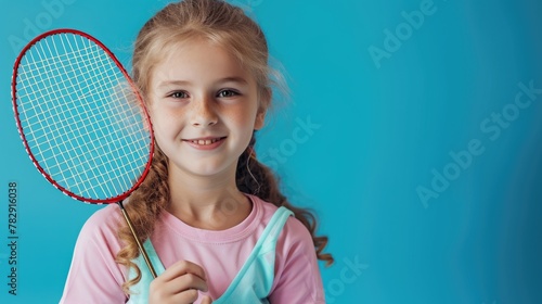 young blonde girl player holding badminton racket on blue background, smiling and ready to play game. Fictional Character Created by Generative AI.