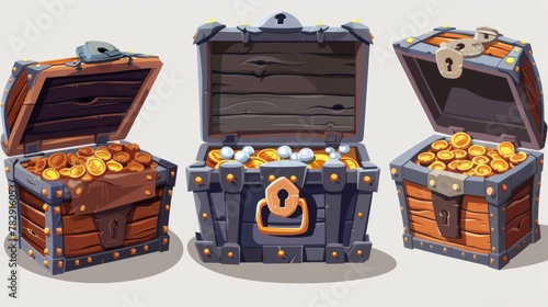 A cartoon set of open chests filled with treasures. Modern illustration of a golden coin box with a digital security lock filled with precious stones, gold coins and pearls. Isolated on white photo