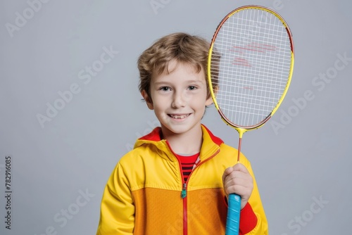 young blond boy player holding a badminton racket on grey background, smiling and ready to play game. Fictional Character Created by Generative AI.