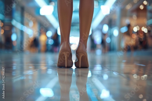 Close up of a woman's legs in high heels shoes standing on the floor at a luxury shopping mall, fashion concept.