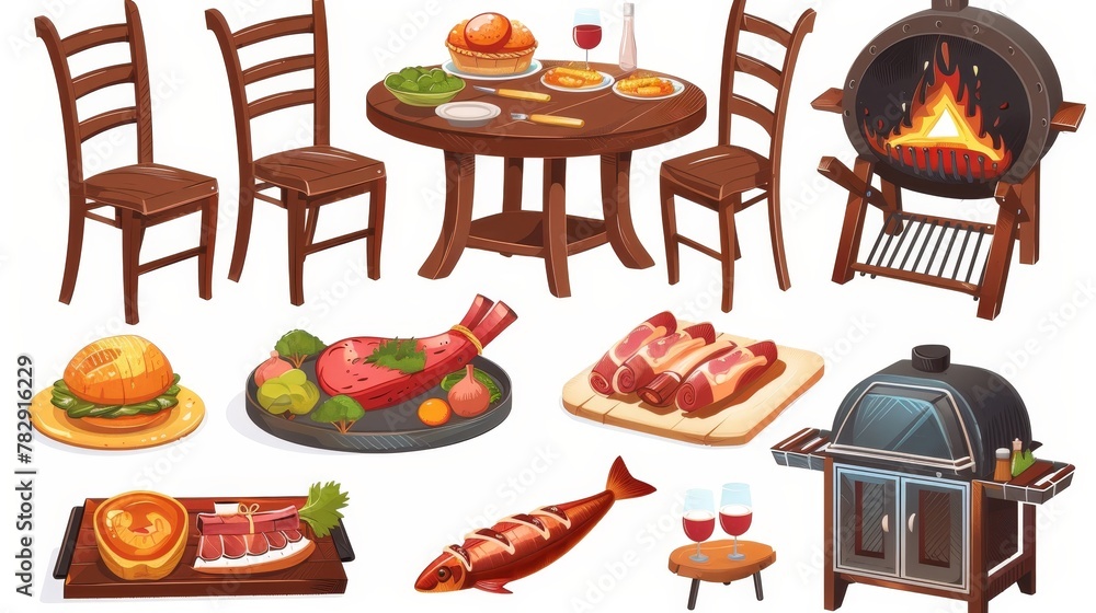 A cartoon illustration of BBQ food and furniture, isolated on a white background. It features a chair and table, a grill, and cooked fish and meat dishes. It is part of the Barbeque party set you