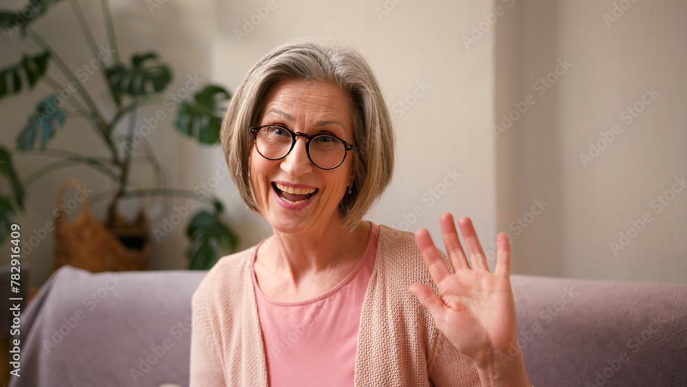 Mature old 60s woman, older middle aged female customer making video call meeting looking at camera smiling while sitting on couch at home Mature old 60s woman, older middle aged female customer making video call meeting looking at camera smiling while sitting on couch at home