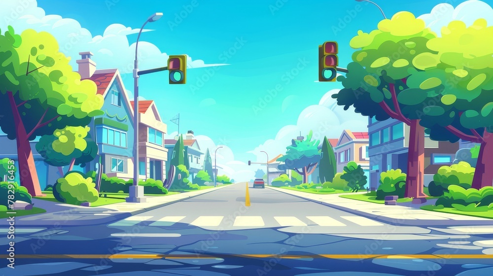 Modern cartoon illustration of a contemporary city street with buildings and green traffic lights at crosswalks. The street is empty, there is nobody walking on the sidewalk, and trees are growing. - obrazy, fototapety, plakaty 