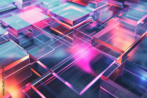horizontal image of colourful glowing transparent abstract cubes and layers background photo