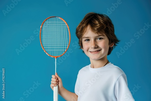 young boy player holding badminton racket on blue background, smiling and ready to play game. Fictional Character Created by Generative AI.