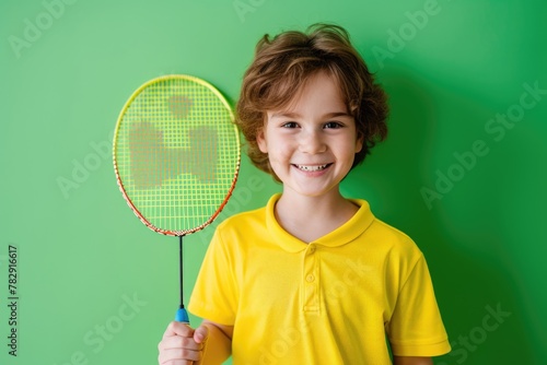 Smiling Young Boy Player Posing with a Badminton Racket on Green Background. Fictional Character Created by Generative AI.