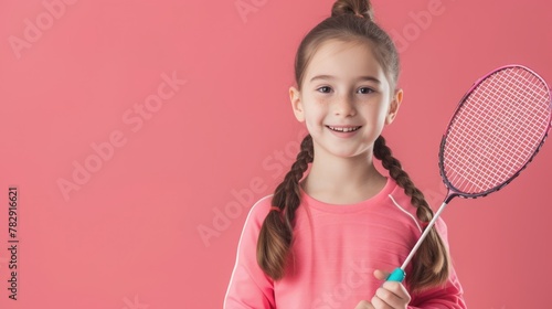 young blonde girl player holding badminton racket on light red background, smiling and ready to play game. Fictional Character Created by Generative AI.