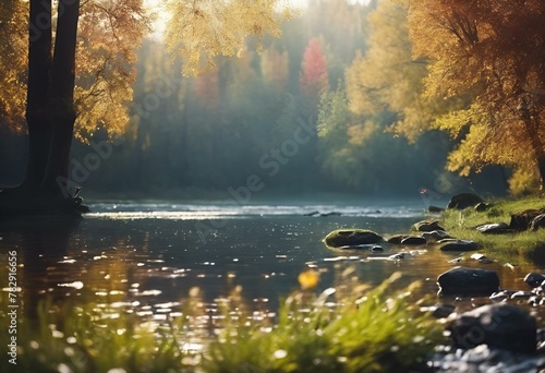 AI generated illustration of a serene autumn river scene with bare trees lining the banks