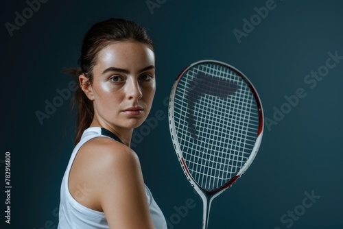 young female badminton player standing in front of a blue wall, holding her badminton racket. Fictional Character Created by Generative AI. © shelbys