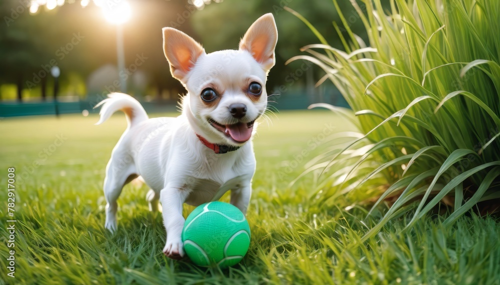 A tiny white Chihuahua puppy with an enthusiastic expression plays with a green ball on vibrant green grass.. AI Generation A tiny white Chihuahua puppy with an enthusiastic expression plays with a green ball on vibrant green grass.. AI Generation