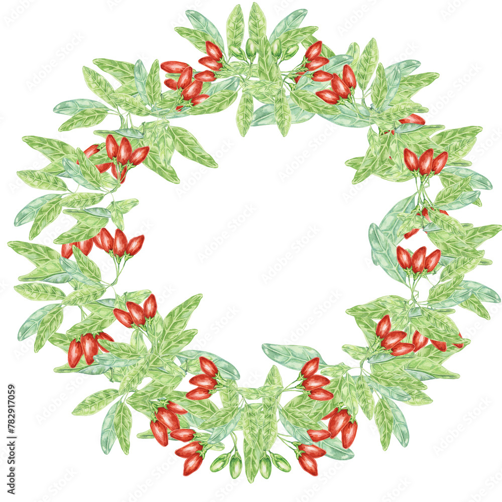 Red goji berries and green leaves full round wreath . Hand-drawn watercolor illustration. Frame design isolated for DIY printing, greeting card, quote, gift tag, label, scrapbooking, circle template Red goji berries and green leaves full round wreath . Hand-drawn watercolor illustration. Frame design isolated for DIY printing, greeting card, quote, gift tag, label, scrapbooking, circle template