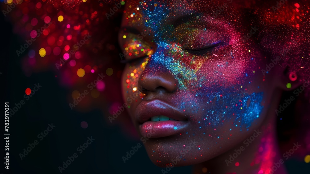 close up photography of a model with colorful afro, covered in colorful glitter, black background