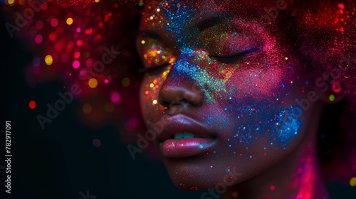 close up photography of a model with colorful afro  covered in colorful glitter  black background