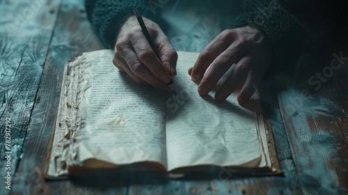 Hands writing a story in an old weathered book
