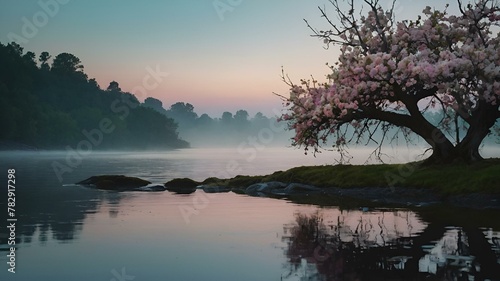 AI generated illustration of a blossoming tree by the water at sunset