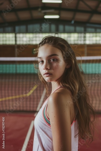 young blonde girl player standing in front of tennis net, posing for a picture. Fictional Character Created by Generative AI.