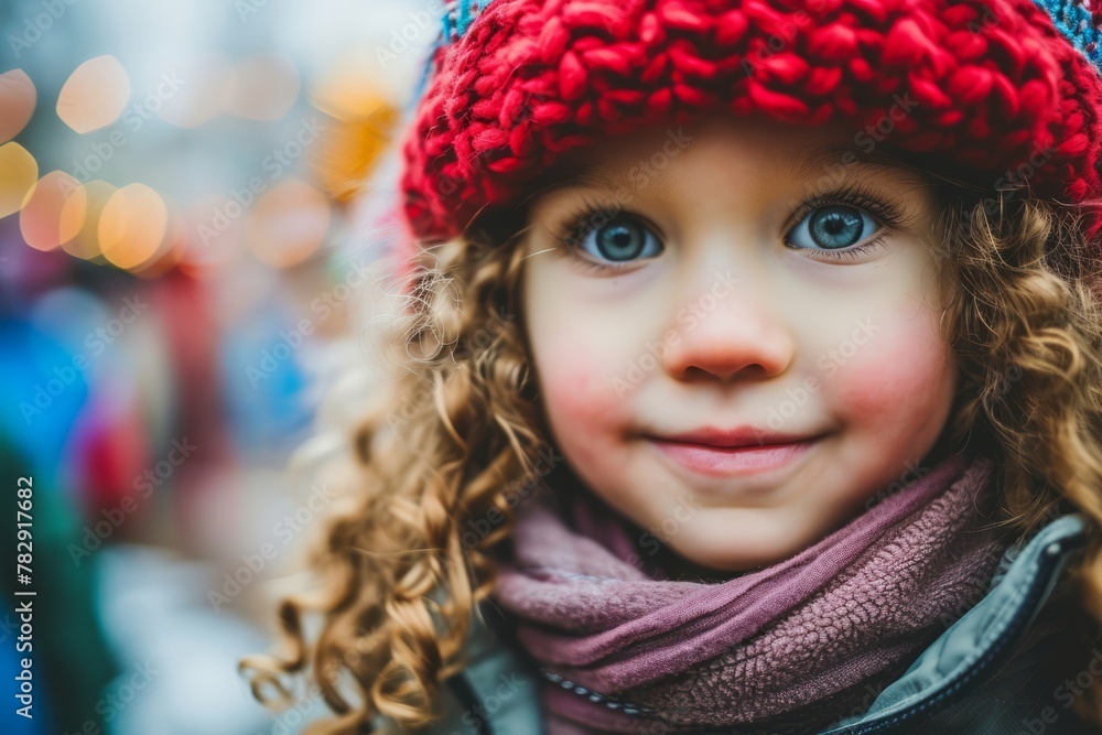 Portrait of a beautiful little girl with curly hair on the background of Christmas market Portrait of a beautiful little girl with curly hair on the background of Christmas market
