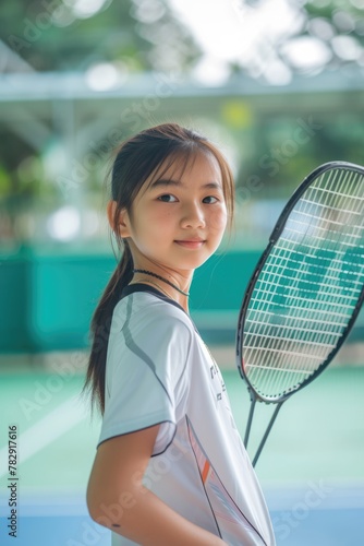 young Asian girl holding a tennis racket, posing on a tennis court.  Fictional Character Created by Generative AI. © shelbys