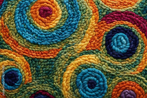 Seamless horizontal texture abstract multicolored background. Knitted pattern of woolen threads forming circles