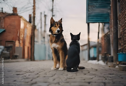 a brown and black dog sitting on the ground next to a cat