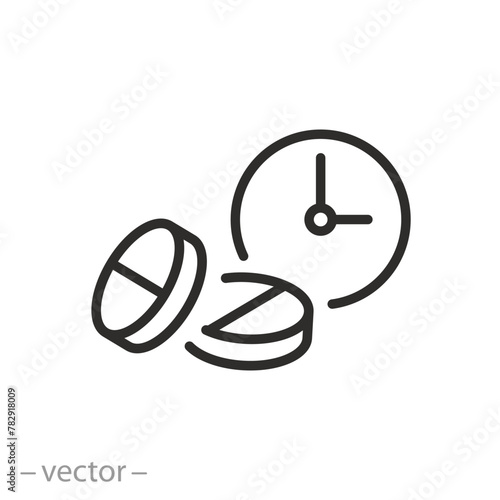 period of action of the medicine icon, clock and pills, time to take a pill, thin line symbol on white background - editable stroke vector eps10