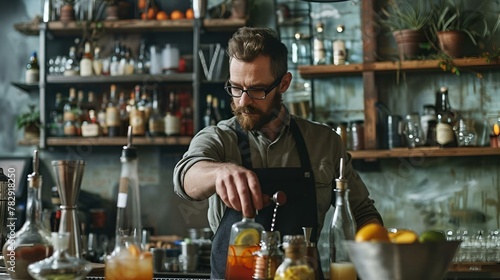 barman making cocktail with citrus garnish, orange wedges, glasses and