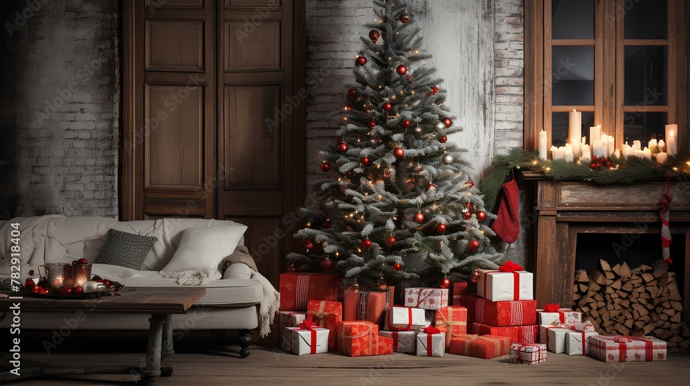 A cozy living room with a beautifully decorated Christmas tree, surrounded by wrapped gifts.