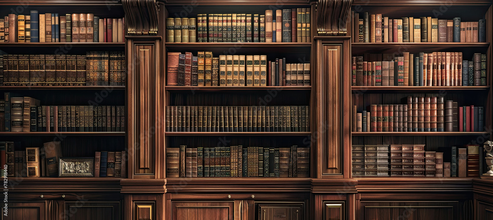 Books on Shelves in Library or Study with Classic Dark Wood Books on Shelves in Library or Study with Classic Dark Wood