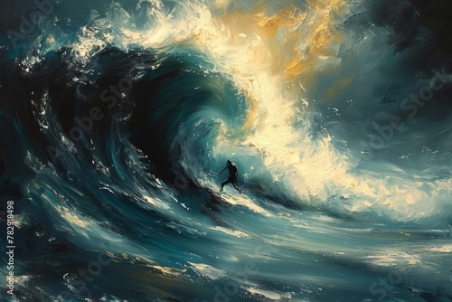 oil painting, a person riding a ocean wave