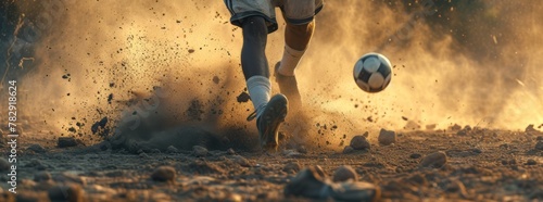 player kicks a football kicks a ball against the dark light