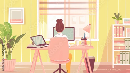 In this illustration  a girl sits on a window workspace desk at her home office. She has a desk  a chair  and a computer installed in her room for education. An indoor female student workplace