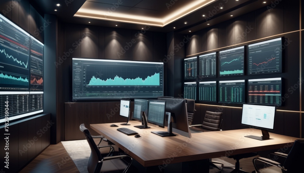 A sophisticated trading room with a large desk and multiple screens displaying financial data, showcasing a high-tech environment for market analysis.. AI Generation A sophisticated trading room with a large desk and multiple screens displaying financial data, showcasing a high-tech environment for market analysis.. AI Generation
