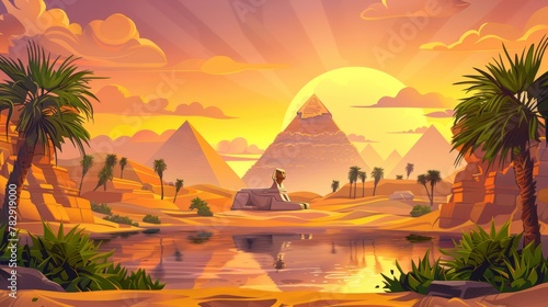 An oasis in the sand desert with ancient Egyptian pyramids  the Sphinx statue  green palm trees and bushes around a lake. The orange sunset reflects in the water.
