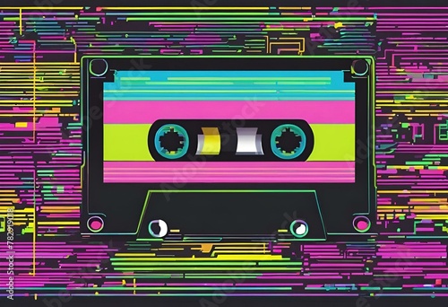 AI generated illustration of vintage cassette player against colorful wall