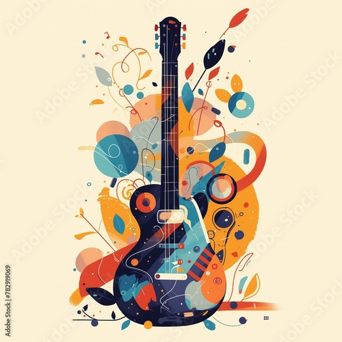 AI generated illustration of a guitar with music notes and flowers on beige background