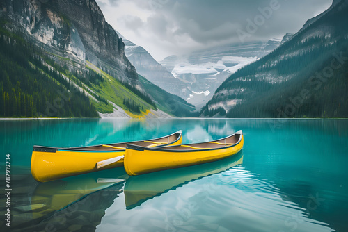 AI generated illustration of two canoes on a tranquil lake by mountains and a range