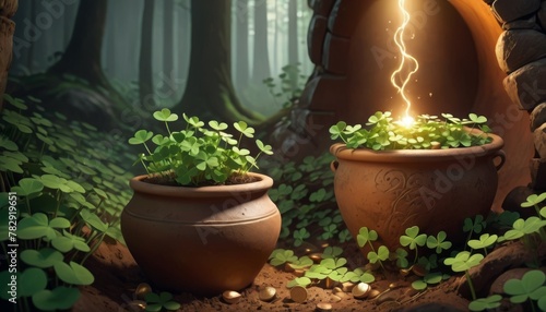 A mystical scene unfolds with two terracotta pots amid a lush forest floor. The left pot bursts with verdant clover while the right pot emits a magical glow with sparks and coins.. AI Generation